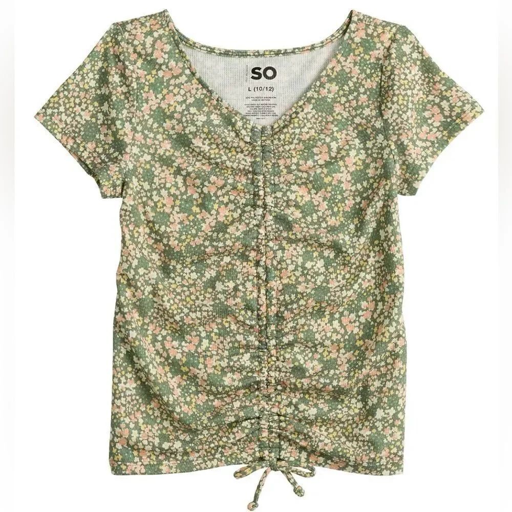 SO XL 14-16 Olive Ditsy Floral Short Sleeve Ribbed Ruched Top